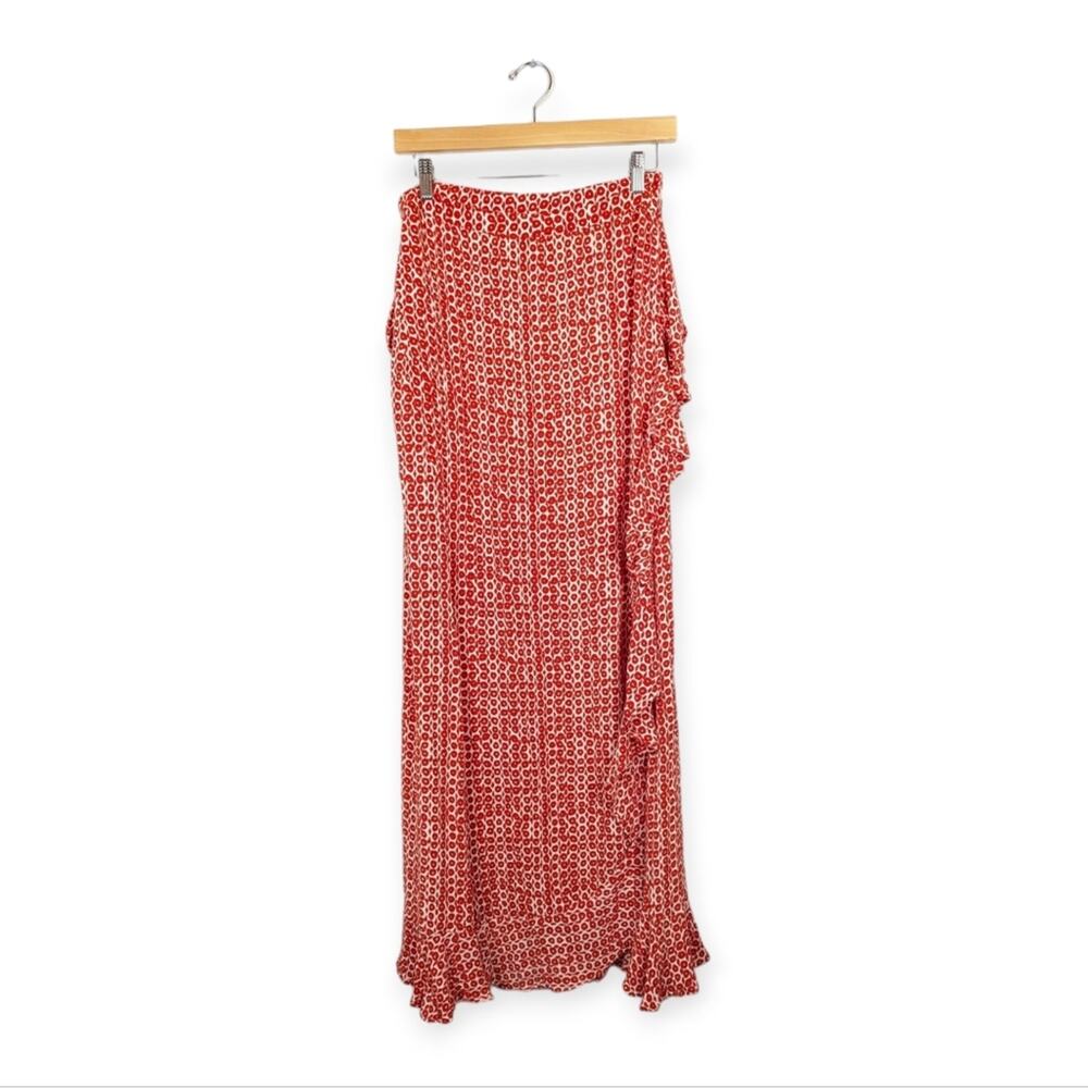 Cleobella Fire Red & White Evangeline Ruffle Maxi Wrap Skirt Size L